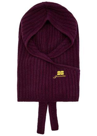 Ganni Core Future Logo-embroidered Wool-blend Balaclava - Burgundy - One Size