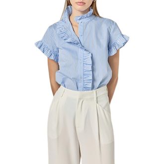English Factory Stripe Ruffle Button-Up Shirt in Powder Blue at Nordstrom, Size X-Small