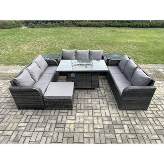 Fimous Rattan Furniture Garden Dining Set Gas Fire Pit Table With 2 Side Tables Lounge Sofa Big Footstool Dark Grey Mixed - Fimous