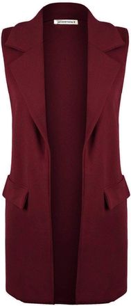 Janisramone New Ladies Womens Sleeveless Open Front Long Waistcoat Stylish Crepe Pocket Jacket Coat Wine