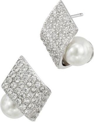 Savvy Cie Jewels Pav&eacute; Cubic Zirconia & Faux Pearl Stud Earrings in White Gold at Nordstrom Rack
