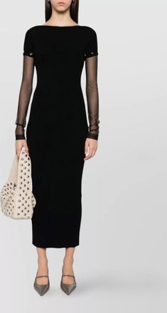 Sportmax long sleeve boat neck dress with ribbed texture