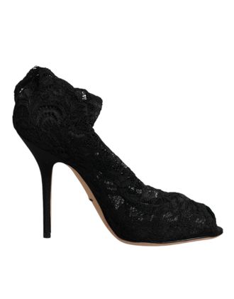 Dolce & Gabbana Black Lace Stretch Heels Mid Calf Boots Womens Shoes