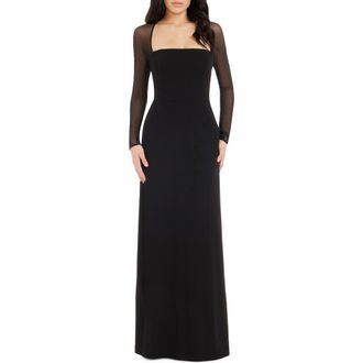 Dress The Population Maxwell Square Neck Long Sleeve Gown in Black at Nordstrom, Size Large