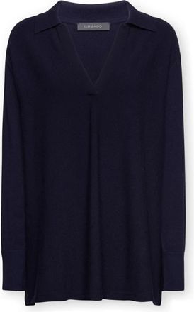 Elena Miro Viscose trui met kraag - Dames - V-hals truien - Blauw - S - Polyester - Truien & Vesten