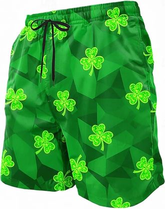 Generic Mens St. Patricks Day Shorts, Four-Leaf Shamrock Clover Swim Trunks Lucky Charm Swim Shorts, Casual Hawaiian Beach Wear, St. Patricks Day Leprechaun C