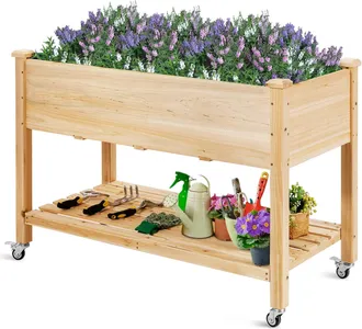 Costway Costway - Cama De Jard&iacute;n Elevada De Madera Con Ruedas Bloqueables, 120 X 59x 84 Cm, Jardinera M&oacute;vil De Madera Con Estante Y Forro Protector, Caja De C
