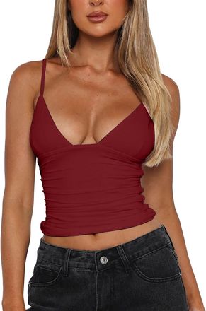 Generic FNKDOR Women Sexy Deep V Neck Sleeveless Fitted Basic Tops Y2K Tank Top Cami V Neck Tie Up Backless Cami Camisole Tube Top Bustier Clubwear Solid Colo