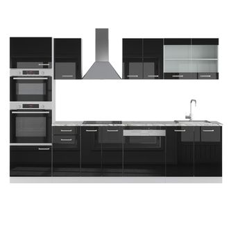 Vicco Mueble De Cocina R-line, Negro Brillo Intenso, 300 Cm Con Armario Alto, Et M&aacute;rmol