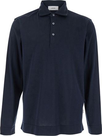 Lardini Blue Polo With Classic Collar And Long Sleeves In Cotton And Silk Blend Man