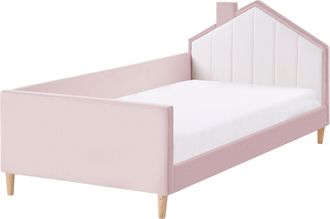 Beliani Cama Con Somier Moderna Tapizado De Terciopelo Infantil Somier De L&aacute;minas Rosa Y Blanco 90 X 200 Cm Kervan