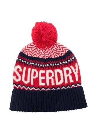 Superdry pompom-detail patterned beanie - women - Wool/Polyamide - One Size - Red