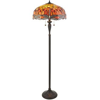 Loops 1.5m Tiffany Twin Floor Lamp Dark Bronze & Dragonfly Stained Glass Shade i00014 in Clear