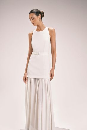 Karen Millen Womens Pleated Skirt Detail Belted Maxi Dress - White - Size 14 UK