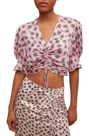 Maje Lalita Ruched Tie Crop Top in Imprime Palmier Rose at Nordstrom Rack, Size 2 (Fits Like 4-6 Us) / 38 Eu