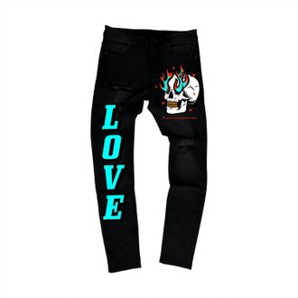 Love Mens Flame Skull Denim Jean In Black