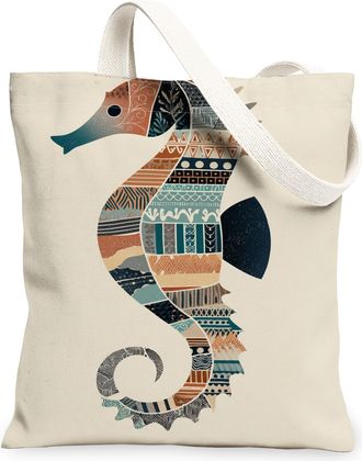 Generic Seahorses Canvas Tote Bags, Bohemian Sea Creature Pattern Reusable Grocery Bags, Vintage Lightweight Washable Shoulder Stra, Beige, 13x15 Inch