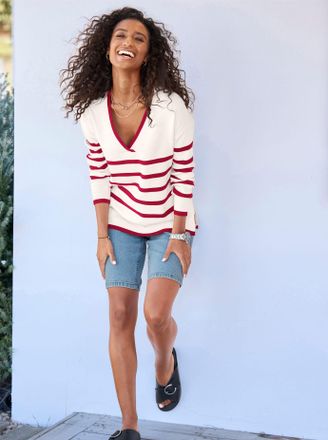 Heine V-Ausschnitt-Pullover HEINE Pullover, Damen, Gr. 34, rot (rot, ecru, geringelt), 70% Viskose, 30% Polyamid, gemustert, gestreift, Pullover V-Ausschnit