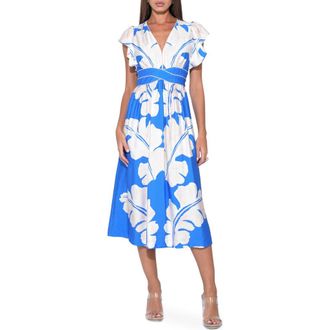 Adelyn Rae Avery Botanical Print Midi Dress in Blue/Ivory at Nordstrom, Size X-Small