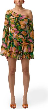 Naked Wardrobe Ruffle Print One-Shoulder Long Sleeve Minidress in Secret Garden at Nordstrom, Size X-Small