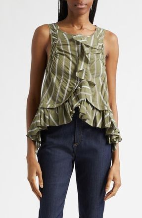 Cinq &agrave; Sept Azura Ruffle Sleeveless Top in Olive Noir at Nordstrom, Size Xx-Small