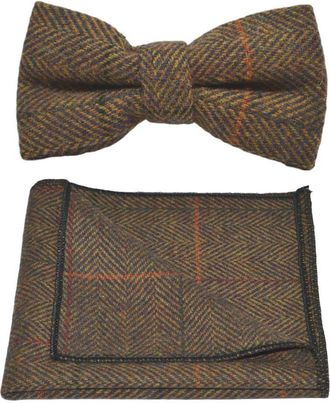 King & Priory Dijon Herringbone Check Bow Tie & Pocket Square Set