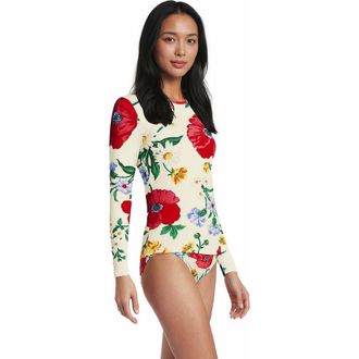 Lands End Plus Size Crew Neck Long Sleeve Rash Guard UPF 50 Sun Protection Swim Tee in Egret/exploded Poppy Floral at Nordstrom, Size Xx-Small P