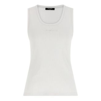 Balmain Sleeveless Tops, female, White, Size: XS Ribbed Cotton Tank Top