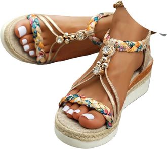 Generic Bohemian Beach Sandals for Women 2026 Summer Casual Wedge Sandal Elastic Ankle Strap Flip Flops Open Toe Jeweled Rhinestone Flatform Sexy Sandals Dres