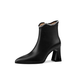 TinaCus Womens Pointed Toe Handmade Chunky Heels Genuine Leather Zip Up Ankle Boots with Crystal, Black, 2.5 UK