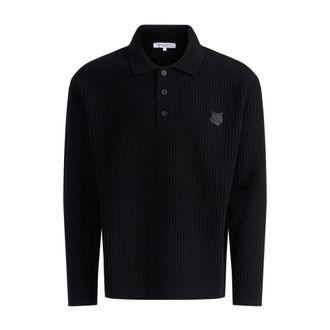 Maison Kitsuné Truien & Vesten, Heren, Zwart, L, Wol, Geribbelde Wollen Polo Trui