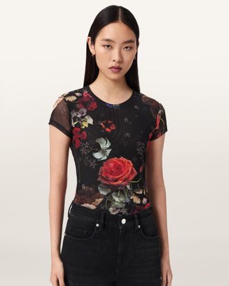 AllSaints Main: 52% Polyamide (Recycled), 42% Polyester, 6% Elastane Ellie Mesh Floral T-Shirt, Size: UK 14/US 10