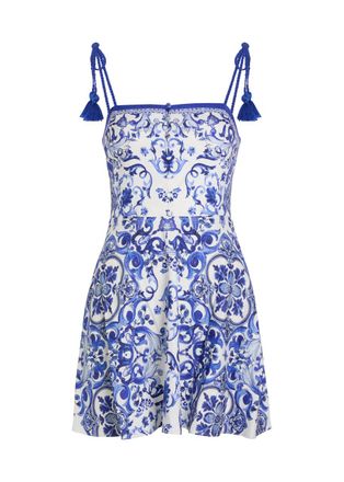 Alice & Olivia Glinda Printed Linen-blend Mini Dress - Blue And White - 10 (UK14 / L)