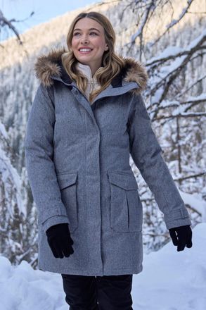 Mountain Warehouse Aurora Womens Down Jacket Waterproof Faux Fur Hood Warm Full Zip Winter Coat Grey