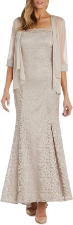 R & M Richards Womens Sheer Jacket Beaded Lace Evening Dress In Champagne