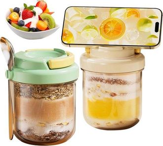 OEM Tarro Para Avena Nocturna, Tapa Para Tarros De Cristal Con Cuchara Integrada Y Soporte Para M&oacute;vil, Apto Para Avena, Mermelada, Cereales, 430 Ml