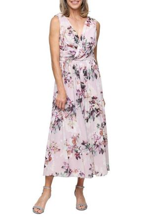 S.L. Fashions Print Drape Sleeveless Mesh Gown in Pink Multi at Nordstrom, Size 14