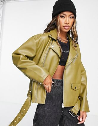 Topshop faux leather oversized biker jacket in olive-Green