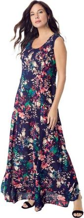 Roaman's Hand Crinkled Sleeveless Dress in Navy Multi Garden at Nordstrom, Size 36