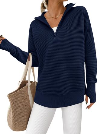 PrettyGarden Womens Long Sleeve Quarter Zip Pullover Sweater Casual Loose V Neck Collared Ribbed Knit Jumper Tops Thumb Hole, Navy, M
