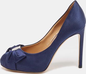 Ferragamo Navy Blue Satin Bow Platform Pumps