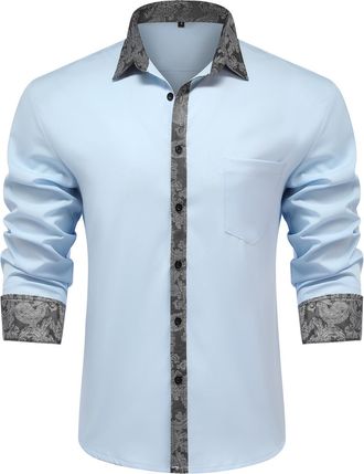 AlltheMen Mens Inner Contrast Shirt Long Sleeve Business Casual Shirt Regular Fit Button Down Wedding Party Blue Grey 3XL
