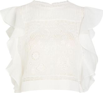 Self Portrait Embroidered Lace-trim Ramie top - White - 16 (UK16 / XL)