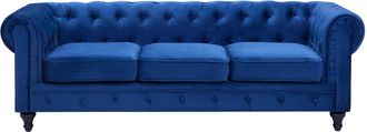 Beliani Sof&aacute; Chesterfield Tapizado En Tela De Terciopelo Azul Patas Negras 3 Plazas Estilo Cl&aacute;sico Chesterfield