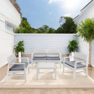 Dmora Sal&oacute;n De Jard&iacute;n Dauter, Conjunto De Jard&iacute;n Con 2 Sillones, 1sof&aacute; Y 1 Mesa De Centro, Zona De Estar Efecto Rat&aacute;n Con Cojines, 100% Made In Italy, Blanc