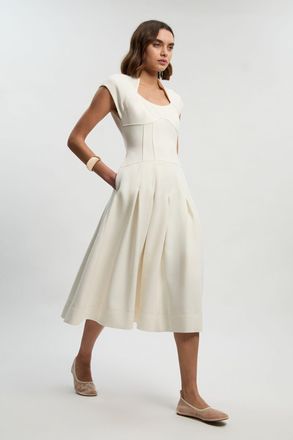 Karen Millen Womens Compact Stretch Dropped Waist Full Skirted Midi Dress - White - Size 12 UK