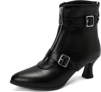 Generic Womens Pointed Toe 5.5cm Kitten Heel Dressy Ankle Boots with Buckle & Zip for Casual,Black PU,7.5 UK