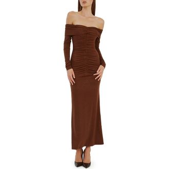 Bardot Artura Diamante Off the Shoulder Long Sleeve Maxi Dress in Chocolate at Nordstrom Rack, Size 8