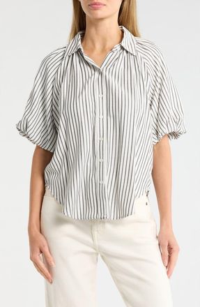 Max Studio Bubble Sleeve Boyfriend Shirt in Off White/Black Stripe at Nordstrom Rack, Size X-Large