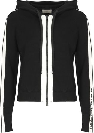 Elisabetta Franchi Black Hooded Embossed Logo Cotton-Blend Sweatshirt